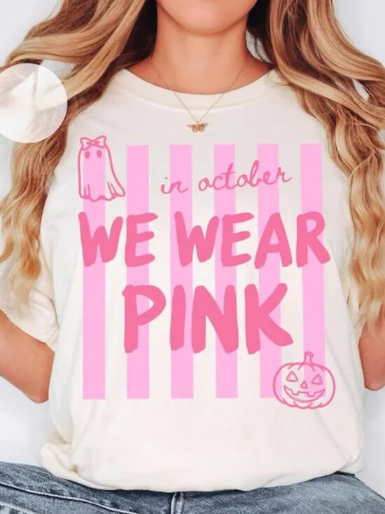 Tops - In October We Wear Pink Shirt, Cute Pumpkin Ghost Shirt, Halloween Tee